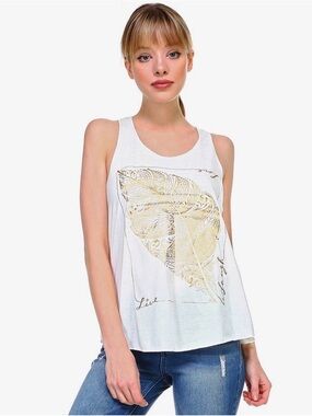 The Collection Royal Boho White & Gold Metallic Feather Graphic Tank Top L/XL